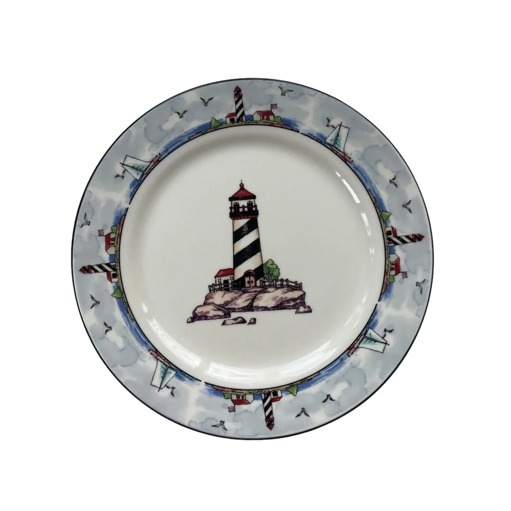 Totally Today Coastal Lighthouse Seaside White 7‎ in. Round Salad Dessert Plate